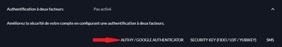 Chemin pour accéder au choix Google Authenticator du compte FTX.