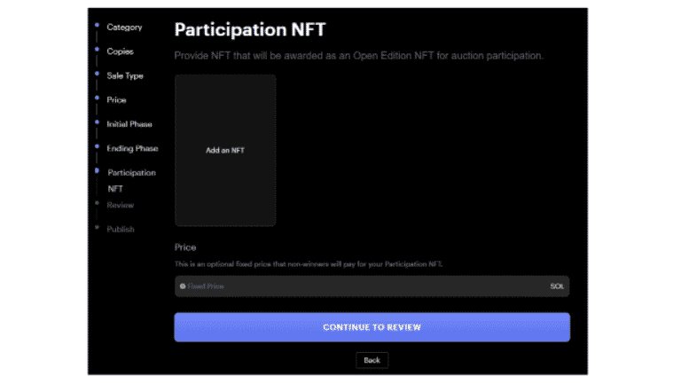Photo montrant la page ou un choix d'un NFT de participation est faisable pour les personnes ayant participé a l'enchère