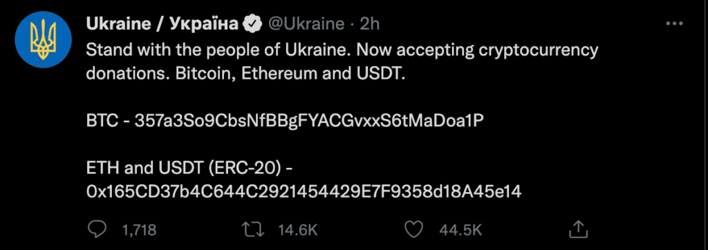 Tweet du compte officiel de l'Etat ukrainien présentant les adresses publiques (BTC/ETH/USDT) pour recevoir les donations.