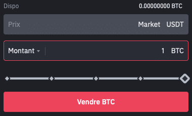 Vente de 1 Bitcoin au marché sur la plateforme Binance.
