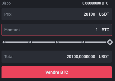 Vente de 1 Bitcoin à $20,100 sur la plateforme Binance.