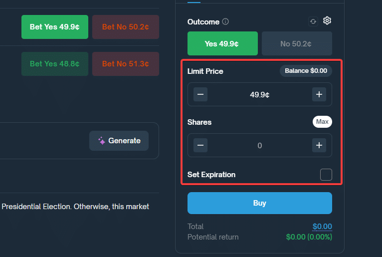 polymarket limit order prediction crypto