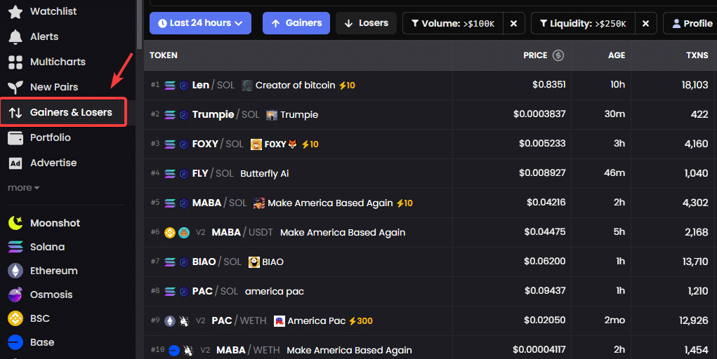 Gainers & Losers crypto dexscreener
