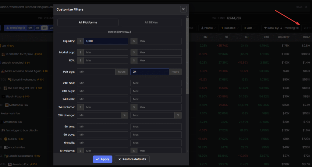 dexscreener filtre token crypto