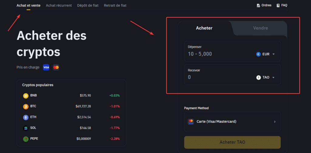 achat tao fiat binance