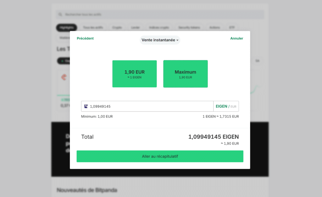 bitpanda eigenlayer eigen vente crypto
