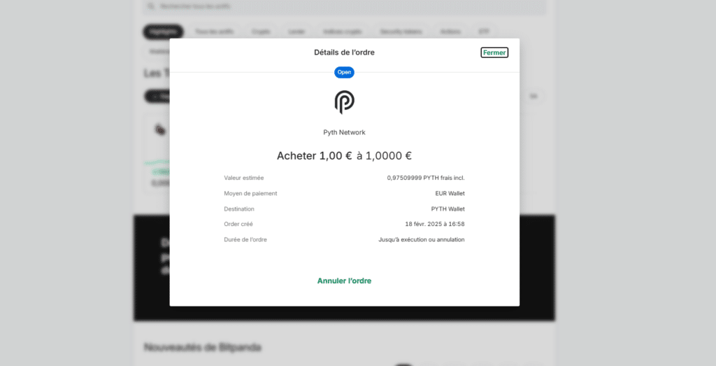 ordre achat pyth network bitpanda