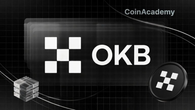Visuel de une Coin Academy de l'analyse OKB : logo OKX et mot OKB en blanc sur fond noir, panneaux de verre empilés évoquant le Layer 2 X Layer, pièce noire frappée du logo OKB, format 1920 par 1080
